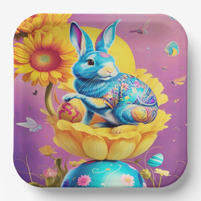 Modern Easter Bunny Flower Art         Paper Plate (Front)