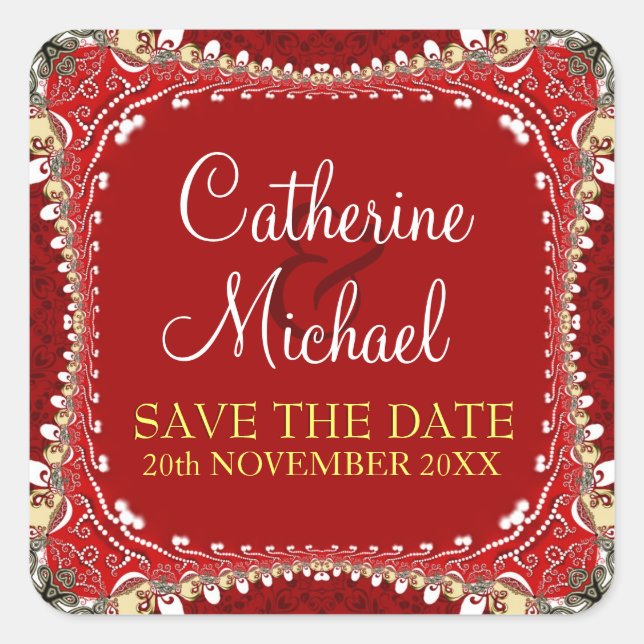 Modern Eastern Red Save the Date Sticker (Front)