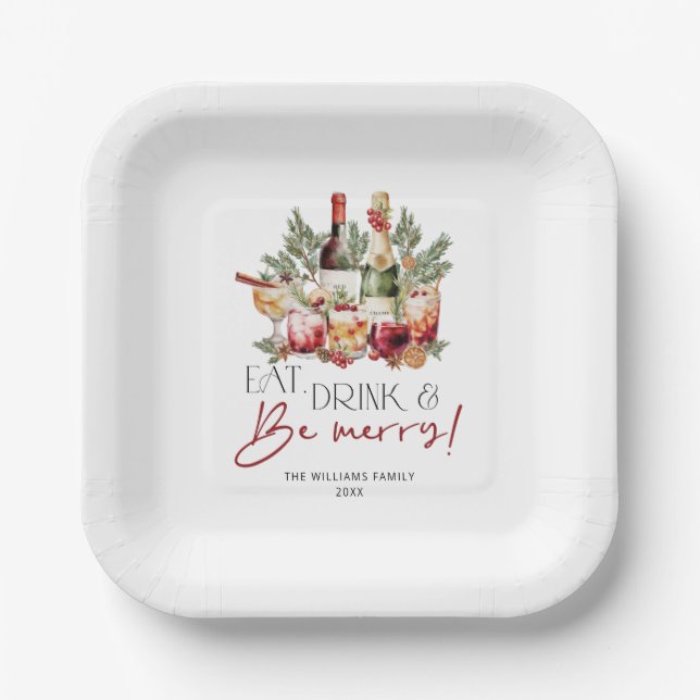 Modern Eat Drink and Be Merry Christmas Holiday Paper Plate (Front)