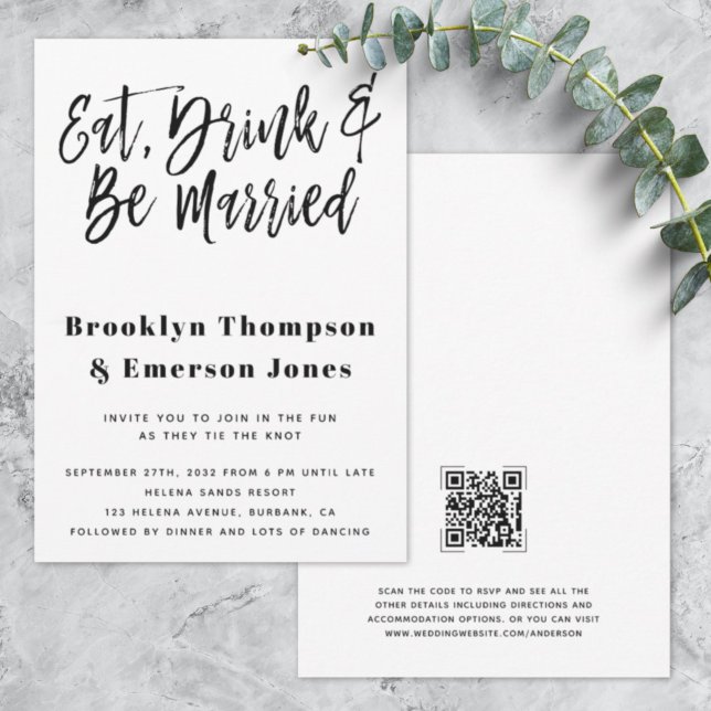 Modern Eat Drink Be Married Funny QR Code Wedding Invitation (Creator Uploaded)