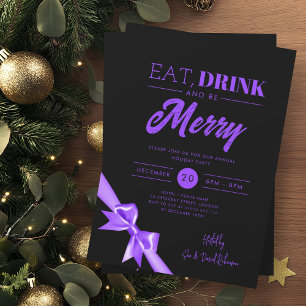Modern Eat Drink Be Merry Xmas Purple Ribbon Black Invitation