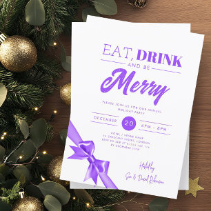 Modern Eat, Drink Be Merry Xmas Purple Ribbon Invitation