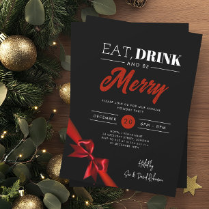 Modern Eat, Drink Be Merry Xmas Red Ribbon Black Invitation
