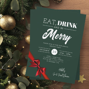 Modern Eat, Drink Be Merry Xmas Red Ribbon Green Invitation