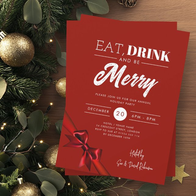 Modern Eat, Drink Be Merry Xmas Red Ribbon  Invitation (Creator Uploaded)