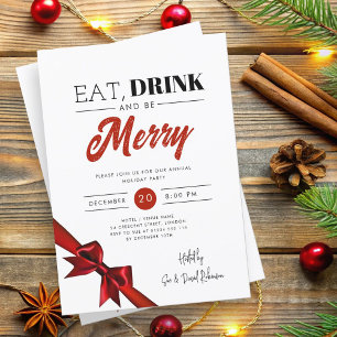 Modern Eat, Drink Be Merry Xmas Red Ribbon Invitation