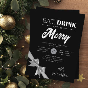 Modern Eat, Drink Be Merry Xmas Silver Ribbon Blac Invitation