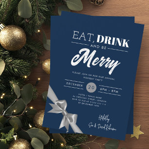 Modern Eat Drink Be Merry Xmas Silver Ribbon Navy  Invitation