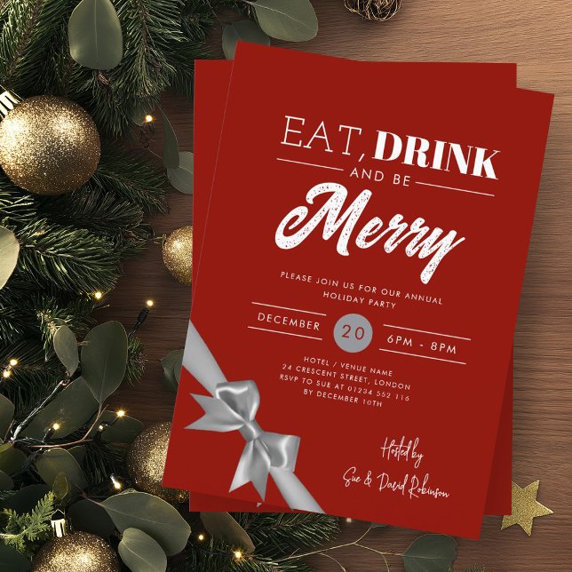 Modern Eat Drink Be Merry Xmas Silver Ribbon Red Invitation (Creator Uploaded)