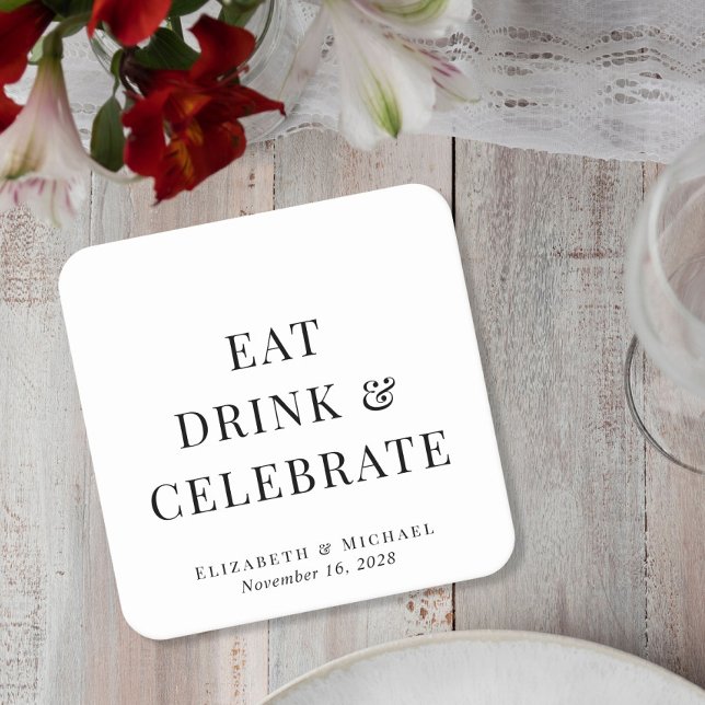Modern Eat Drink Celebrate Wedding Square Paper Coaster (Creator Uploaded)