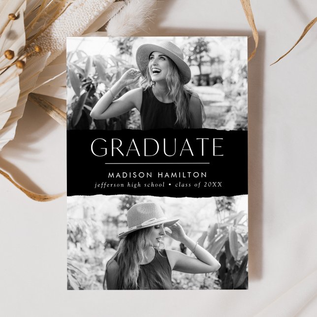 Modern Edge Black 2 Photo Graduation Announcement (Creator Uploaded)