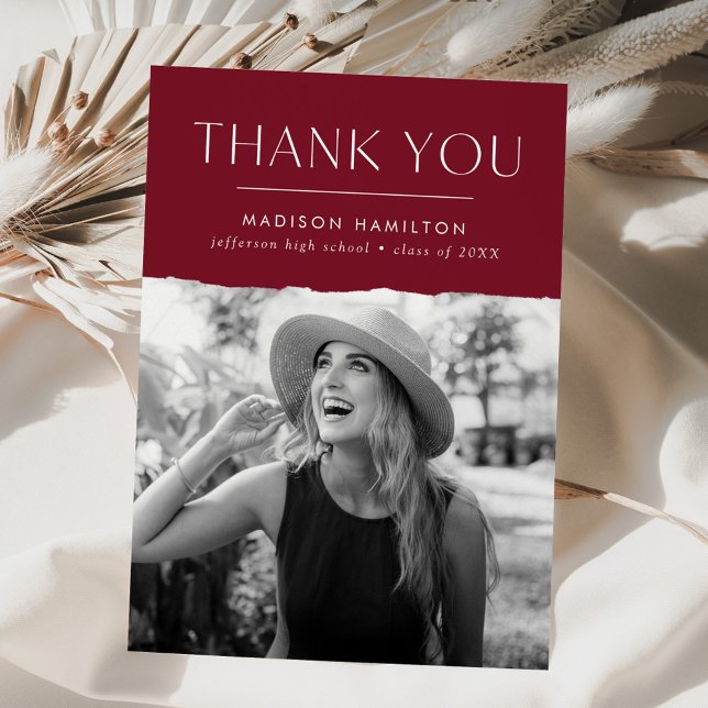 Modern Edge Burgundy Photo Graduation Thank You Card (Creator Uploaded)