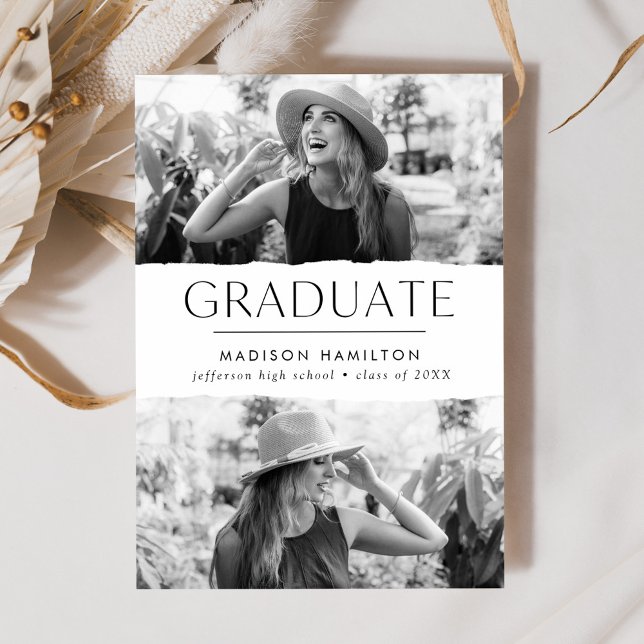 Modern Edge White 2 Photo Graduation Announcement (Creator Uploaded)