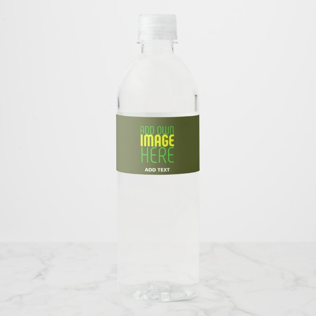 MODERN EDITABLE ARMY GREEN IMAGE TEXT TEMPLATE WATER BOTTLE LABEL (Front)