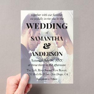 Modern Editable Black White Overlay Photo Wedding Acrylic Invitations