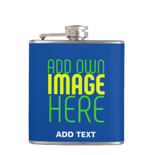 MODERN EDITABLE COBALT BLUE IMAGE TEXT TEMPLATE HIP FLASK