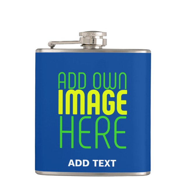 MODERN EDITABLE COBALT BLUE IMAGE TEXT TEMPLATE HIP FLASK (Front)