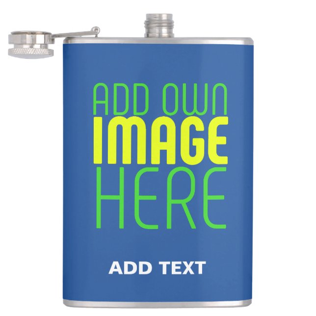 MODERN EDITABLE COBALT BLUE IMAGE TEXT TEMPLATE HIP FLASK (Opened)