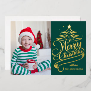 Modern Editable Color Merry Christmas Tree Photo Foil Holiday Card