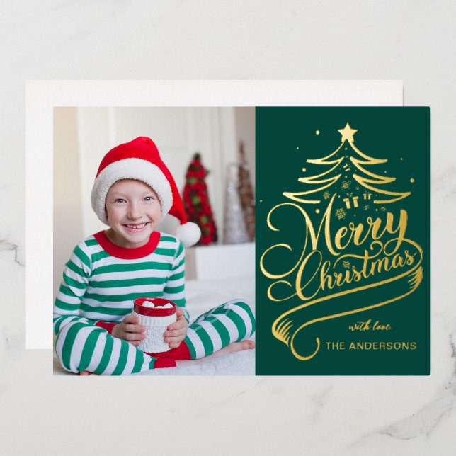 Modern Editable Colour Merry Christmas Tree Photo Foil Holiday Card (Front/Back)