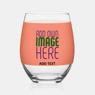 MODERN EDITABLE CORAL ORANGE IMAGE TEXT TEMPLATE STEMLESS WINE GLASS