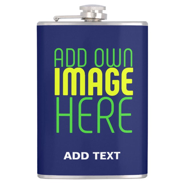 MODERN EDITABLE CUTE NAVY BLUE IMAGE TEXT TEMPLATE HIP FLASK (Front)