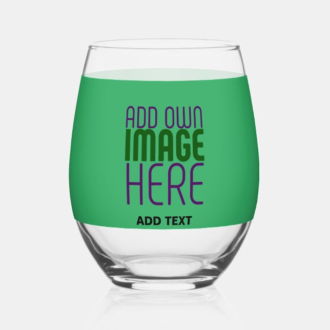 MODERN EDITABLE EMERALD GREEN IMAGE TEXT TEMPLATE STEMLESS WINE GLASS (Front)