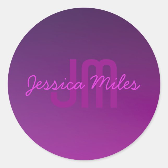 Modern Editable Monogrammed Text & Purple Ombre  Classic Round Sticker (Front)