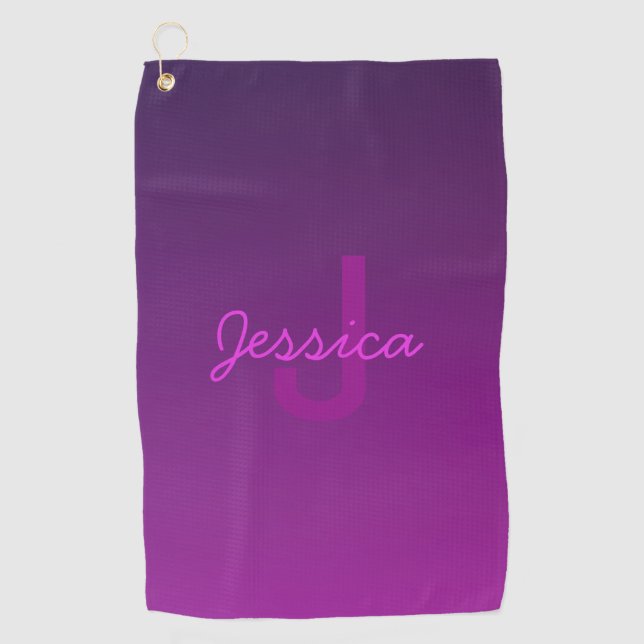 Modern Editable Monogrammed Text & Purple Ombre  Golf Towel (Front)