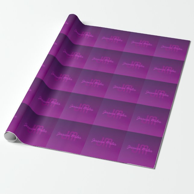 Modern Editable Monogrammed Text & Purple Ombre  Wrapping Paper (Unrolled)