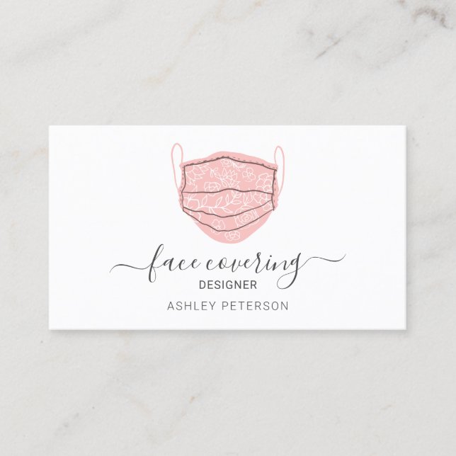 Modern editable pink mask face covering designer business card (Front)