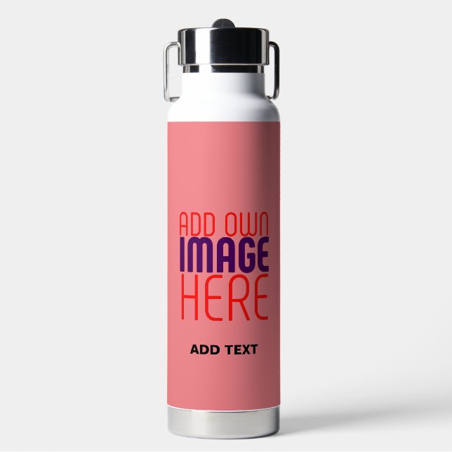 MODERN EDITABLE SALMON PINK IMAGE TEXT TEMPLATE WATER BOTTLE (Front)