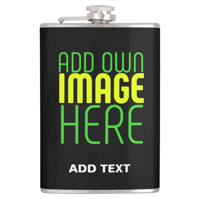 MODERN EDITABLE SIMPLE BLACK IMAGE TEXT TEMPLATE HIP FLASK (Front)