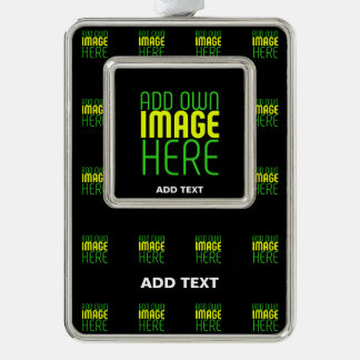 MODERN EDITABLE SIMPLE BLACK IMAGE TEXT TEMPLATE SILVER PLATED FRAMED ORNAMENT