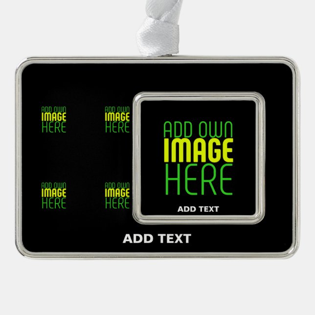 MODERN EDITABLE SIMPLE BLACK IMAGE TEXT TEMPLATE SILVER PLATED FRAMED ORNAMENT (Front)