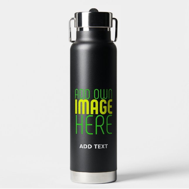 MODERN EDITABLE SIMPLE BLACK IMAGE TEXT TEMPLATE WATER BOTTLE (Front)