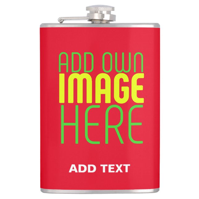 MODERN EDITABLE SIMPLE RED IMAGE TEXT TEMPLATE HIP FLASK (Front)