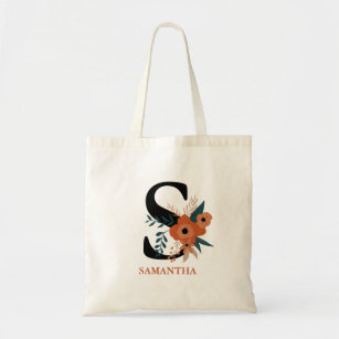 modern editable terracotta floral monogrammed tote bag