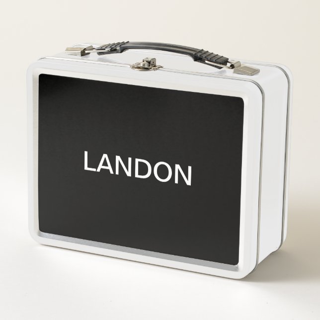 Modern Editable Text | Black & White Metal Lunch Box (Front)