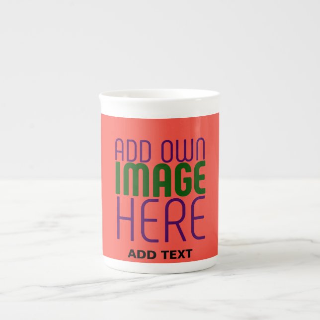 MODERN EDITABLE TOMATO RED IMAGE TEXT TEMPLATE BONE CHINA MUG (Front)