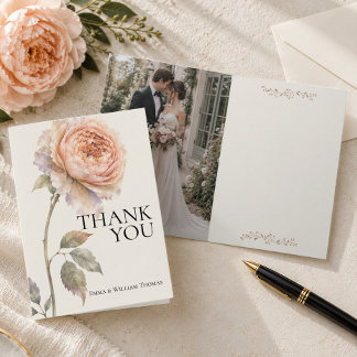 Modern Editorial Peach Peony Photo Inside Wedding Thank You Card