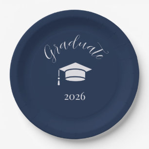 Modern Editorial Script Navy Photo graduation Paper Plate