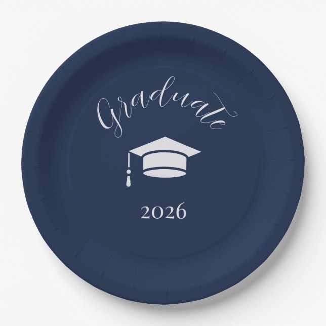 Modern Editorial Script Navy Photo graduation Paper Plate (Front)