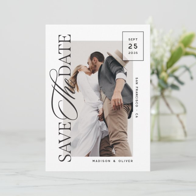 Modern Editorial Script Photo Wedding  Save The Date (Standing Front)