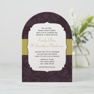 Modern Eggplant Chartreuse Damask Wedding  Invitation