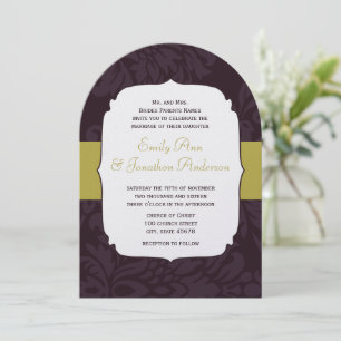 Modern Eggplant Chartreuse Damask Wedding Invitation