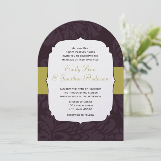Modern Eggplant Chartreuse Damask Wedding  Invitation (Standing Front)