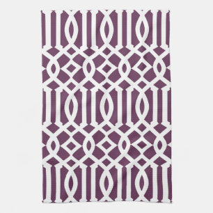 Modern Eggplant Purple and White Trellis Pattern Tea Towel