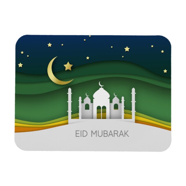 Modern Eid Mubarak Paper Cut Mosque - Magnet (Horizontal)