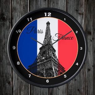 Modern Eiffel Tower, Paris, French Flag / France Round Clock